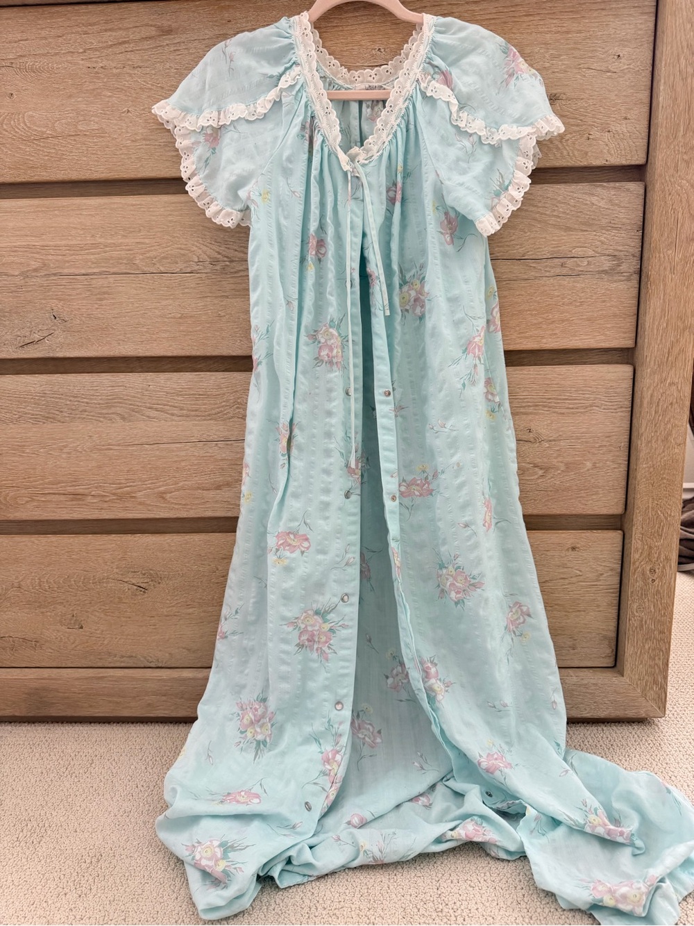 1980s Vintage Light Blue Floral Long Nightgown with Lace Trim from KOMAR